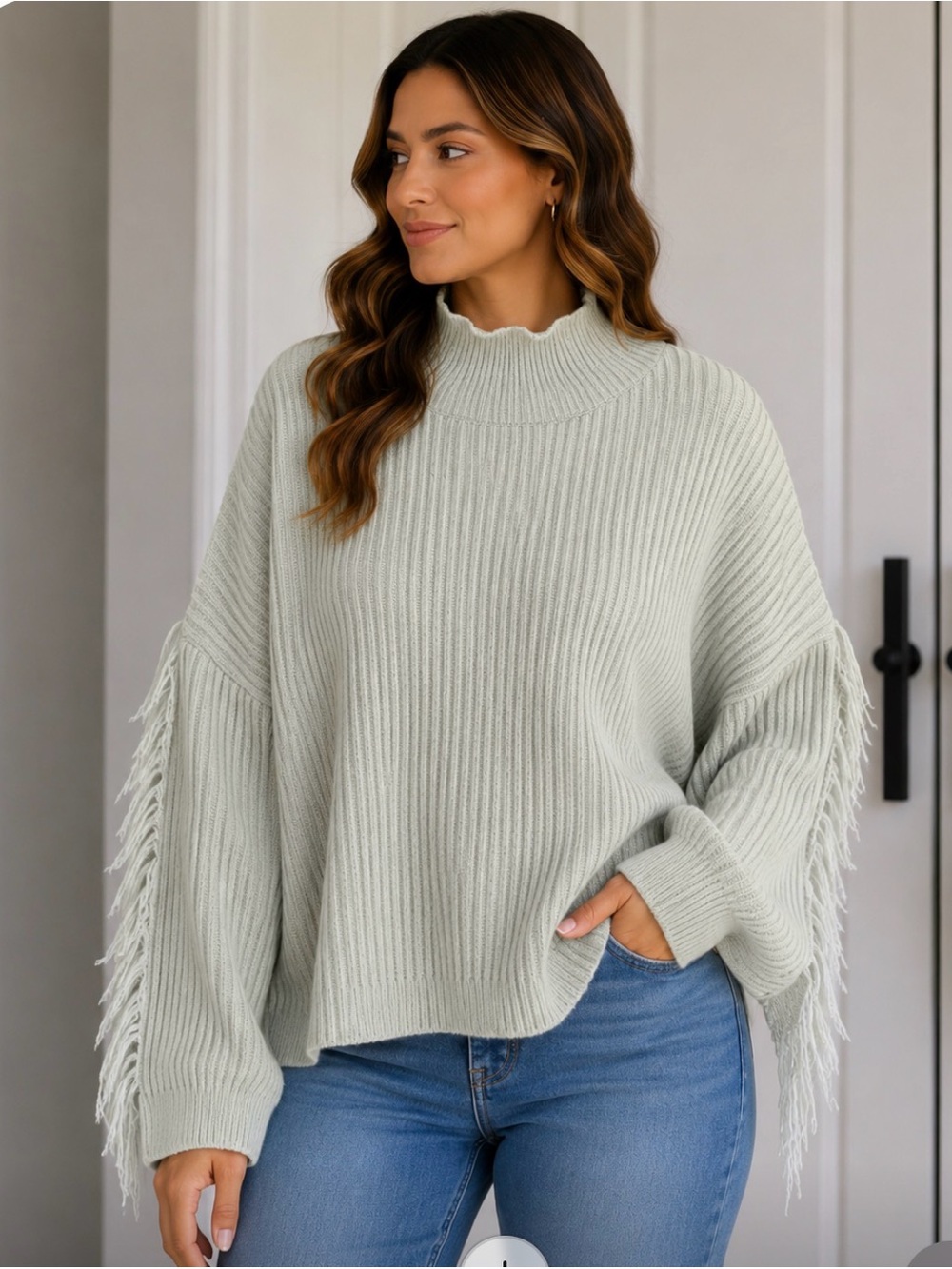 Self contrast light green glacier  Ribbed Fringe Sleeve Sweater S/M